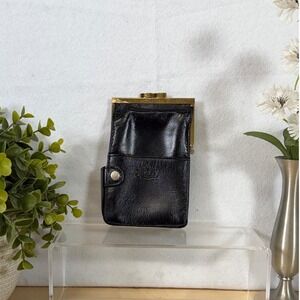 Vintage 1950s Black Leather Cigarette Purse with Gold‎ Frame & Lighter Strap